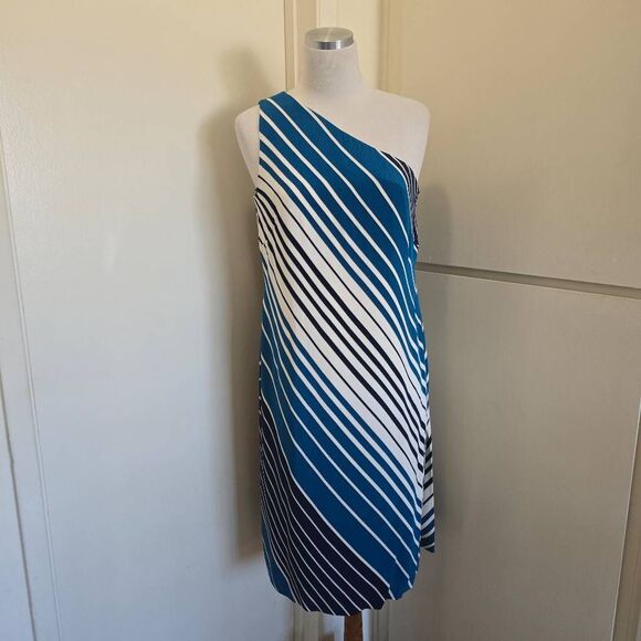 Jones New York Diagonal Stripe Silk 1 Shoulder Dress, Ivory/Blue, NWOT,S.10 - Picture 1 of 8